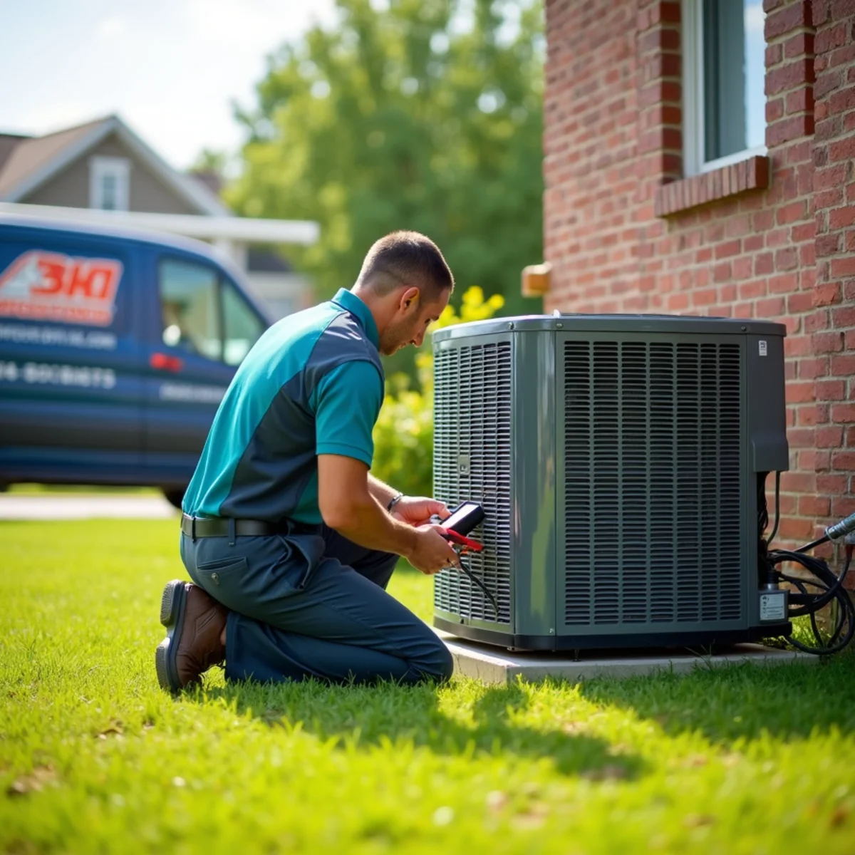 HVAC technician repairing a central air conditioner at a Somerset, KY home