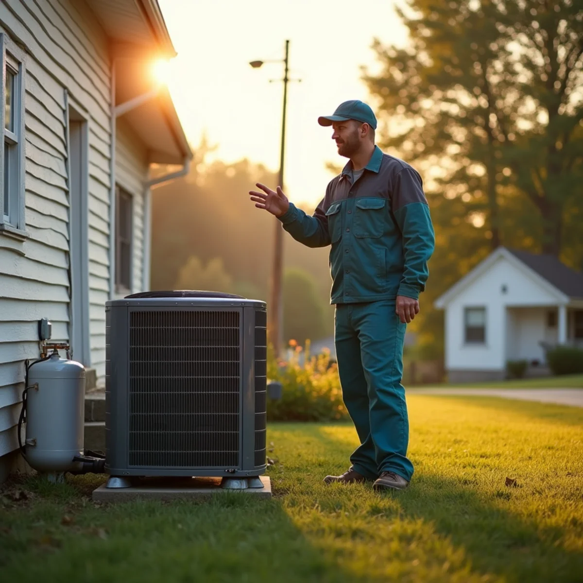 Propane tank and heat pump at a rural off-grid home in Pulaski County, Kentucky