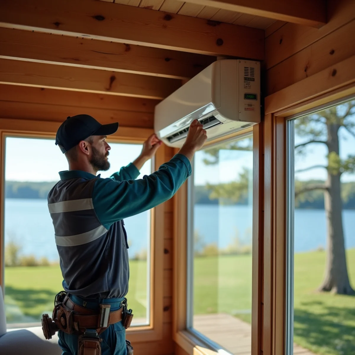 Ductless mini-split indoor unit mounted on a wall in a Lake Cumberland cabin near Somerset