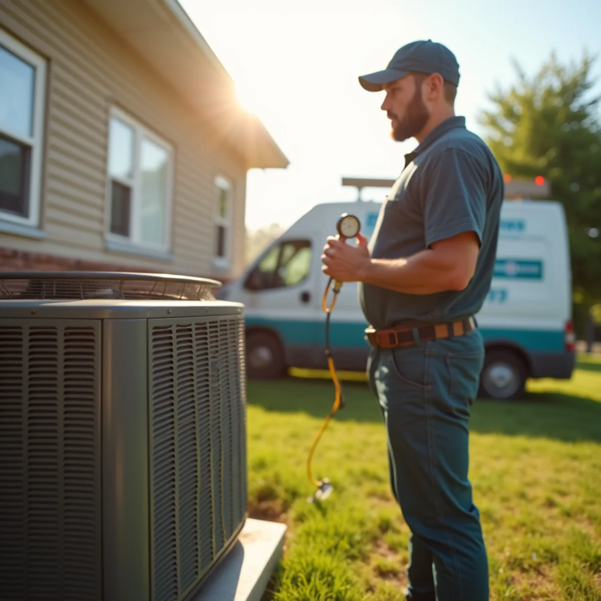 Homeowner checking a failed outdoor AC condenser during a hot Pulaski County summer day