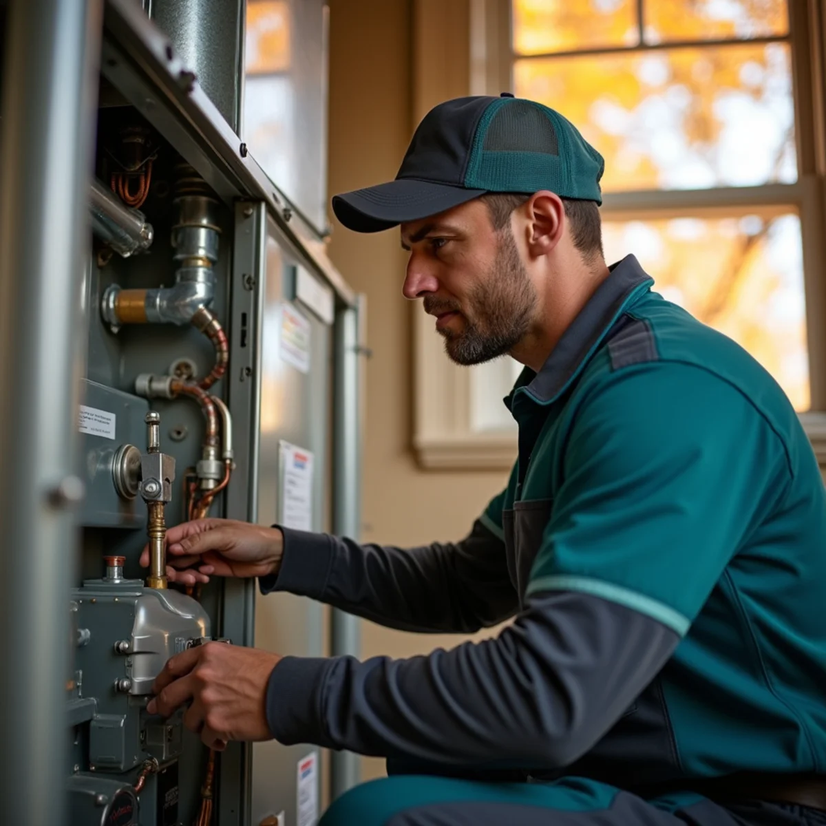 Technician performing a fall furnace tune-up in a Somerset, Kentucky home