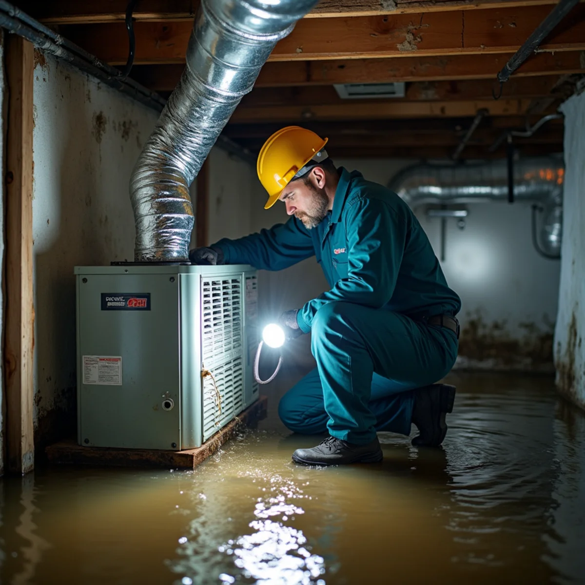 Flooded crawlspace with water around ductwork and an air handler after a Kentucky storm