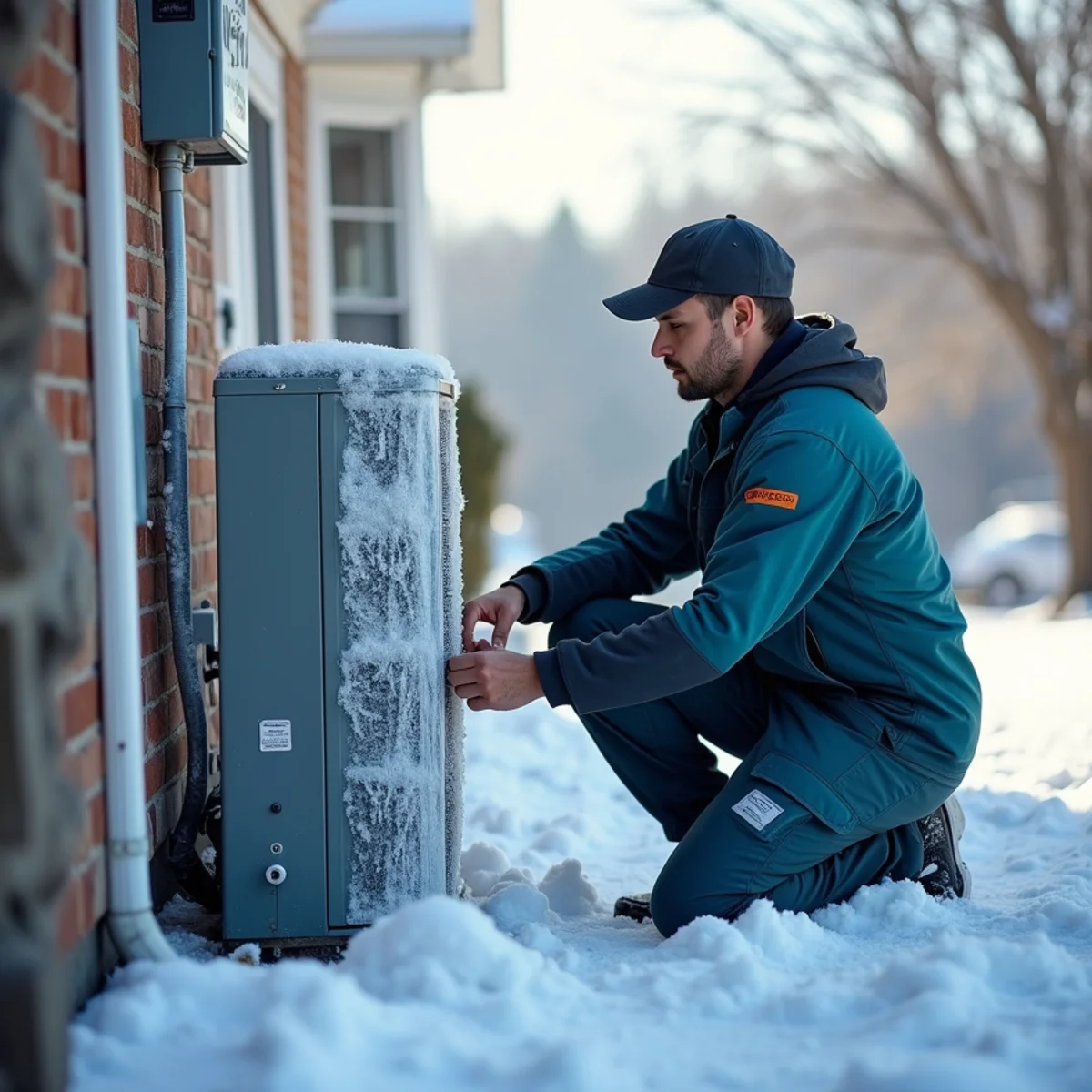 Heat pump outdoor unit covered in frost and ice during a Somerset, Kentucky winter