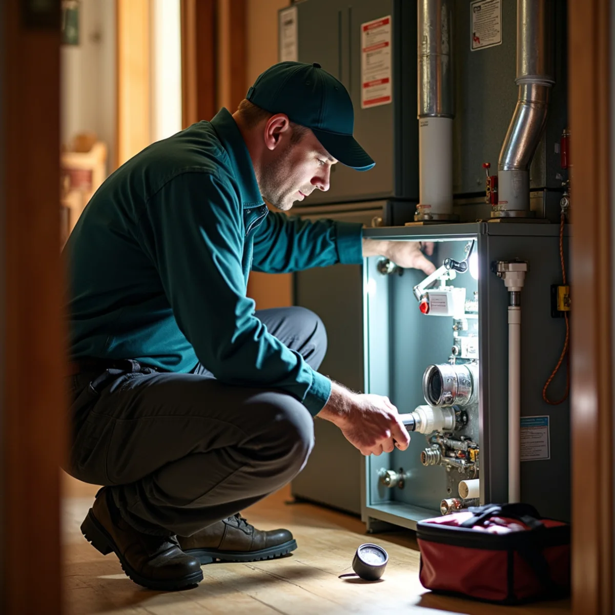 HVAC technician inspecting a gas furnace burner in a Somerset, KY basement