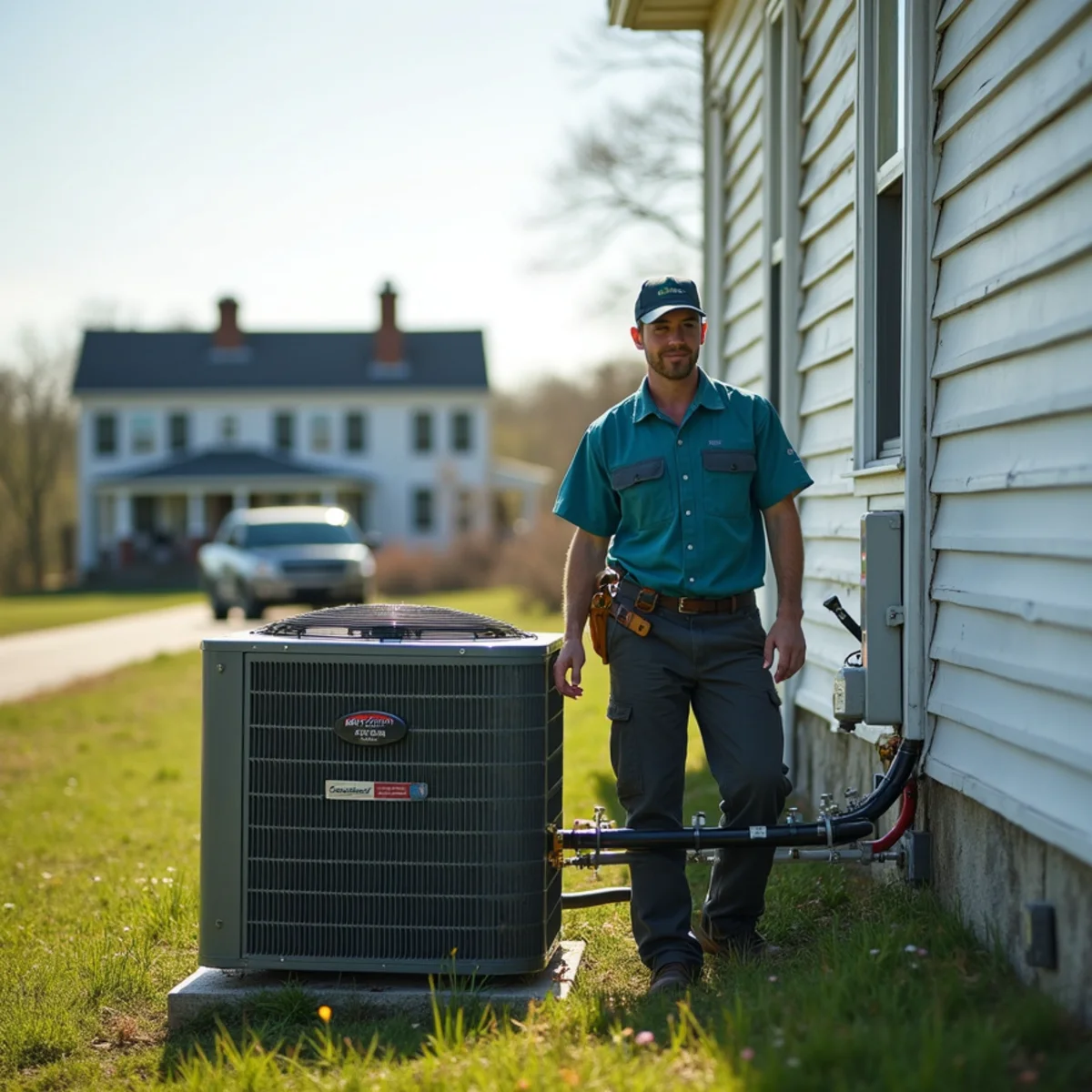 New heat pump condenser installed outside a rural Pulaski County, Kentucky home