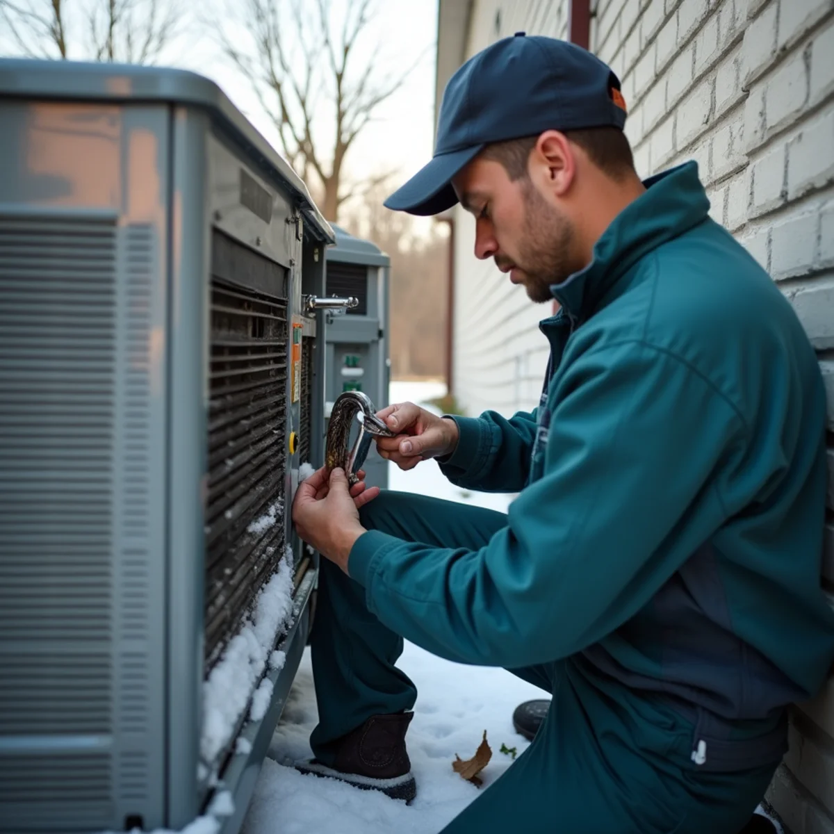 Technician performing maintenance on a heat pump during a Kentucky winter near Somerset