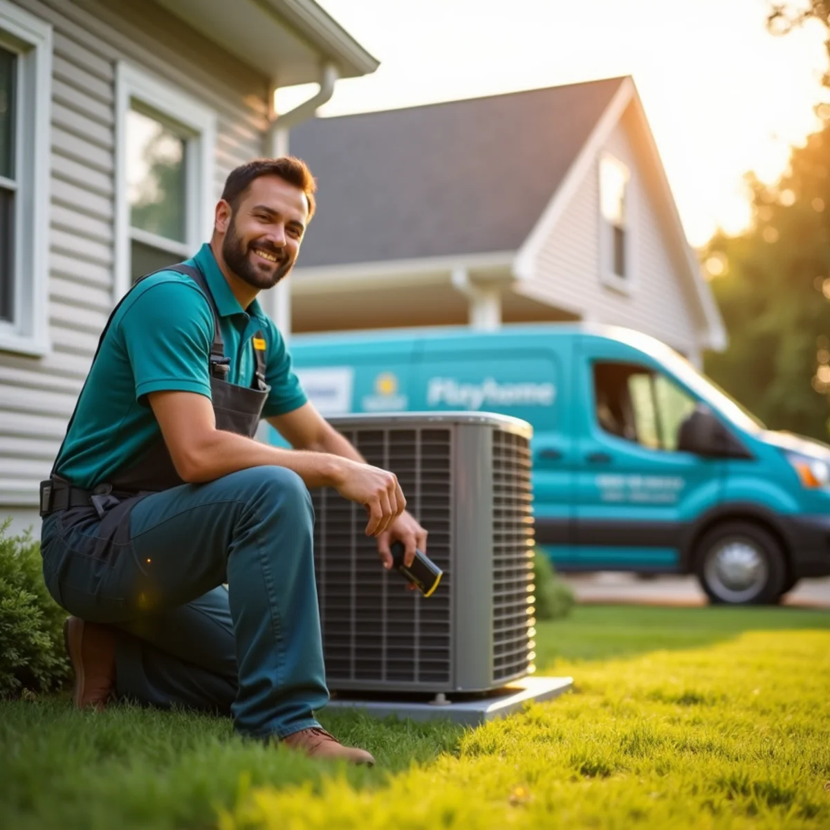 HVAC technician servicing a home air conditioner in Somerset, Kentucky