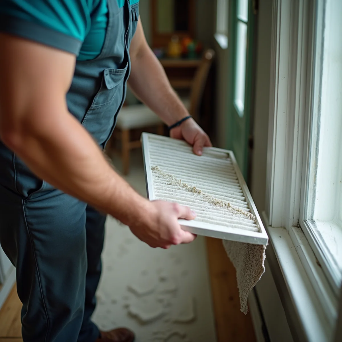 Homeowner replacing a dusty HVAC air filter in a rural Pulaski County, Kentucky home