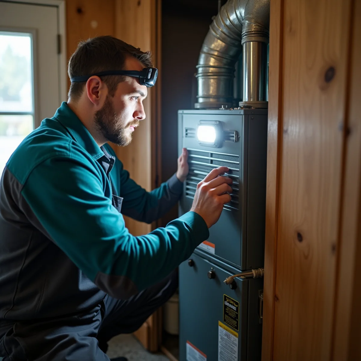 Technician replacing a mobile home furnace in a manufactured home near Somerset, Kentucky
