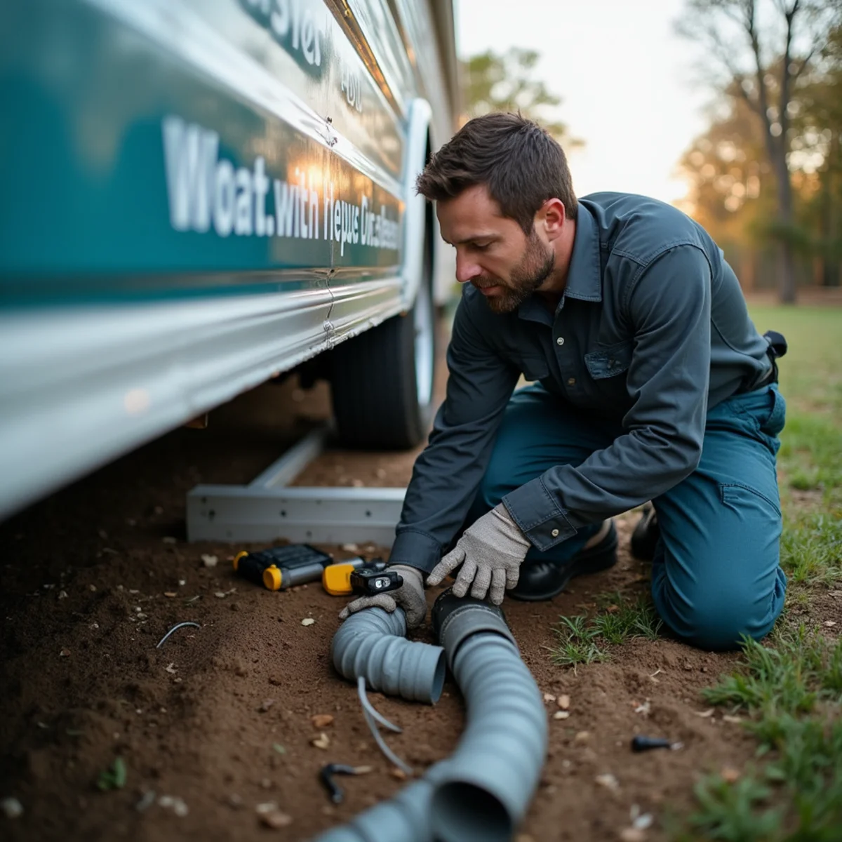 HVAC technician servicing a mobile home furnace and crossover duct in Somerset, KY
