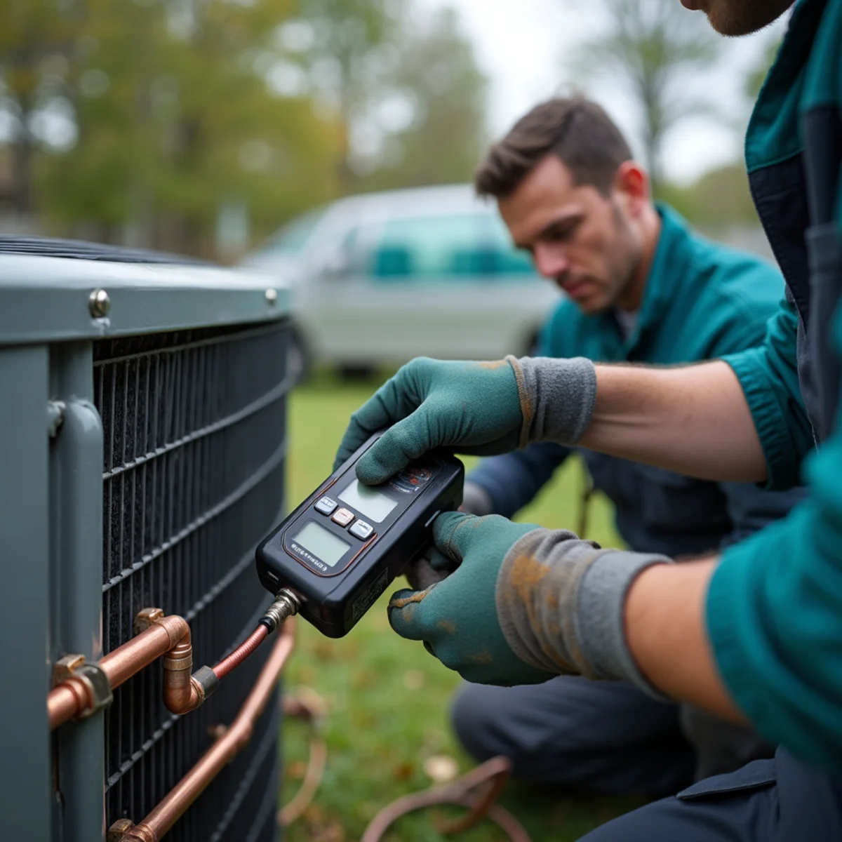 HVAC technician using leak detection on an AC refrigerant line in Somerset, KY