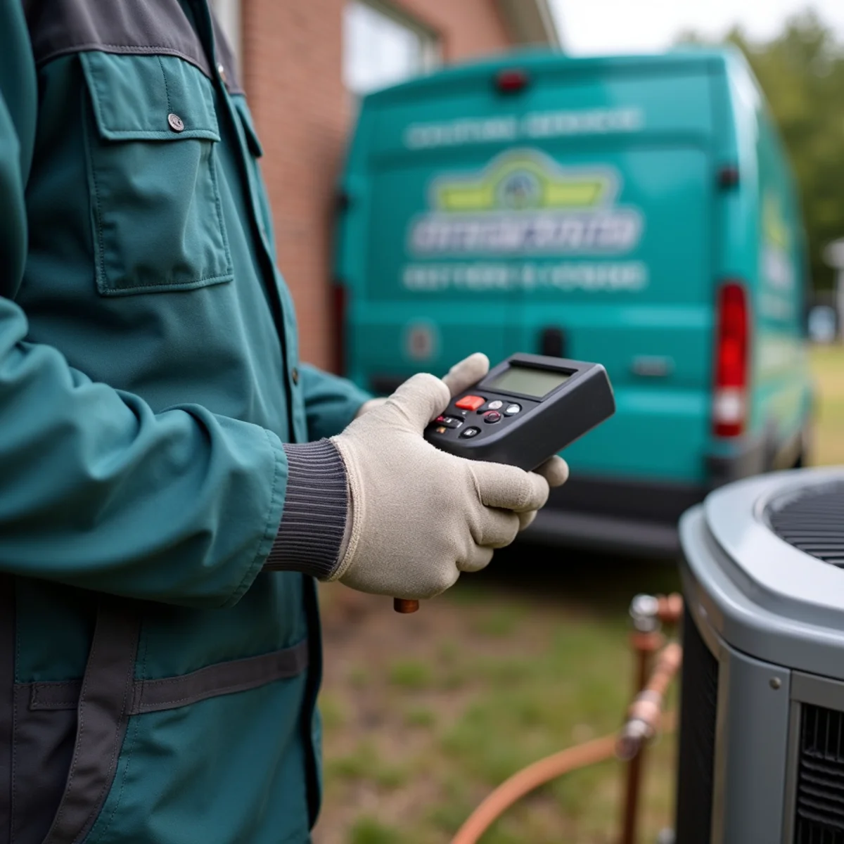Technician checking refrigerant lines for a leak on an AC unit in Somerset, Kentucky