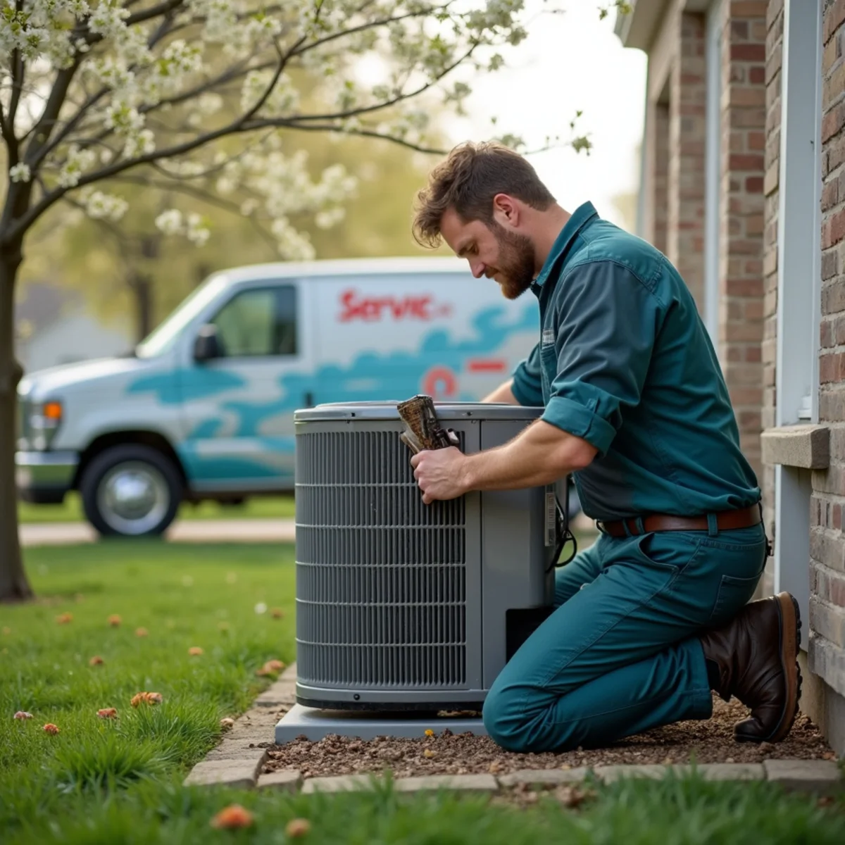 Homeowner cleaning around an outdoor AC condenser in spring in Pulaski County, Kentucky