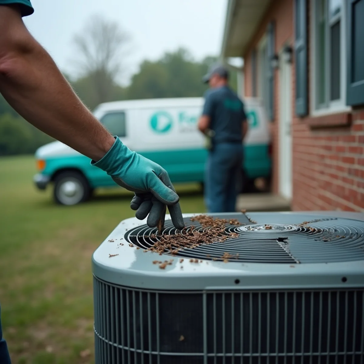 Close-up of storm damage equipment serviced by HVAC Somerset KY in Pulaski County