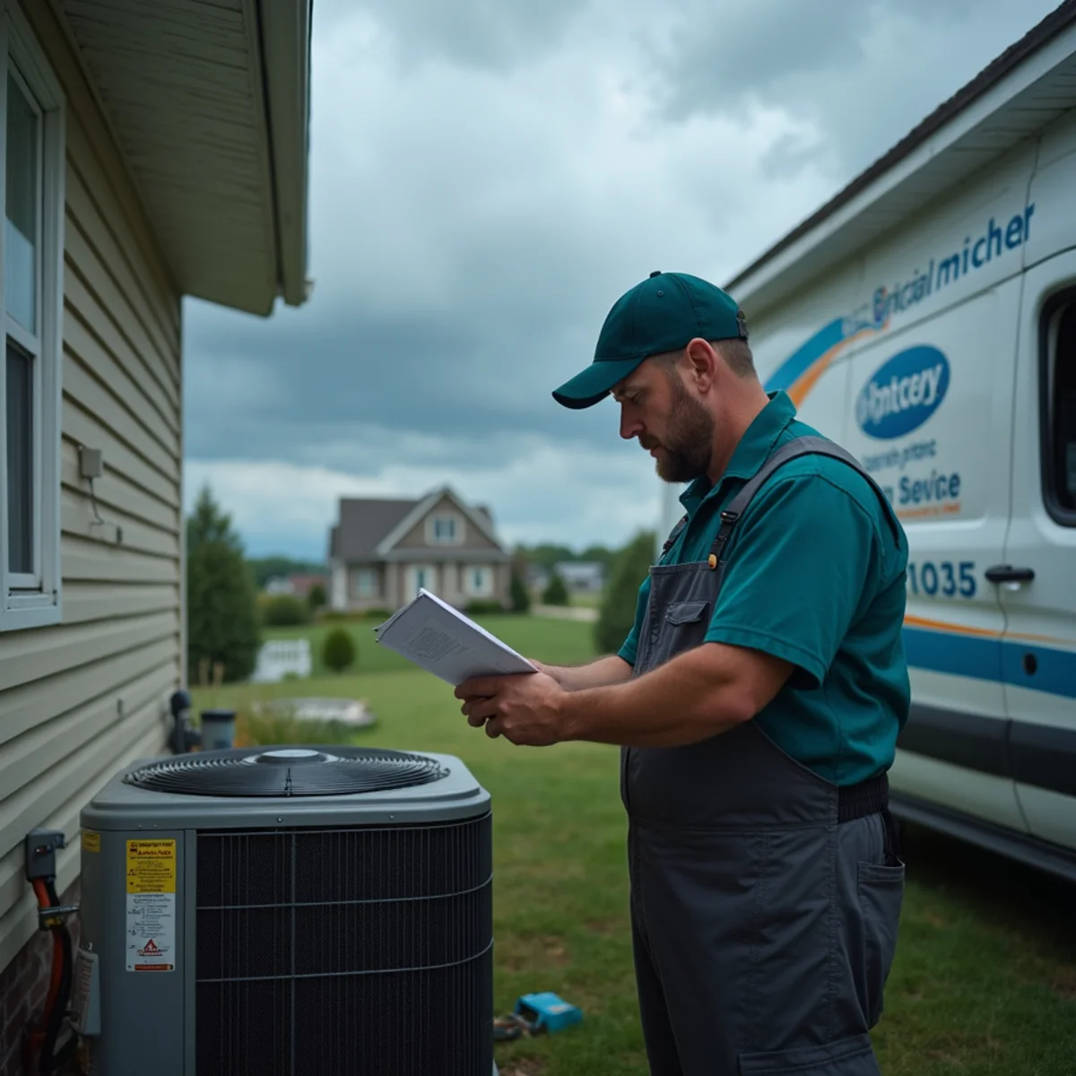 Homeowner securing an outdoor HVAC unit ahead of storm season in Pulaski County, Kentucky