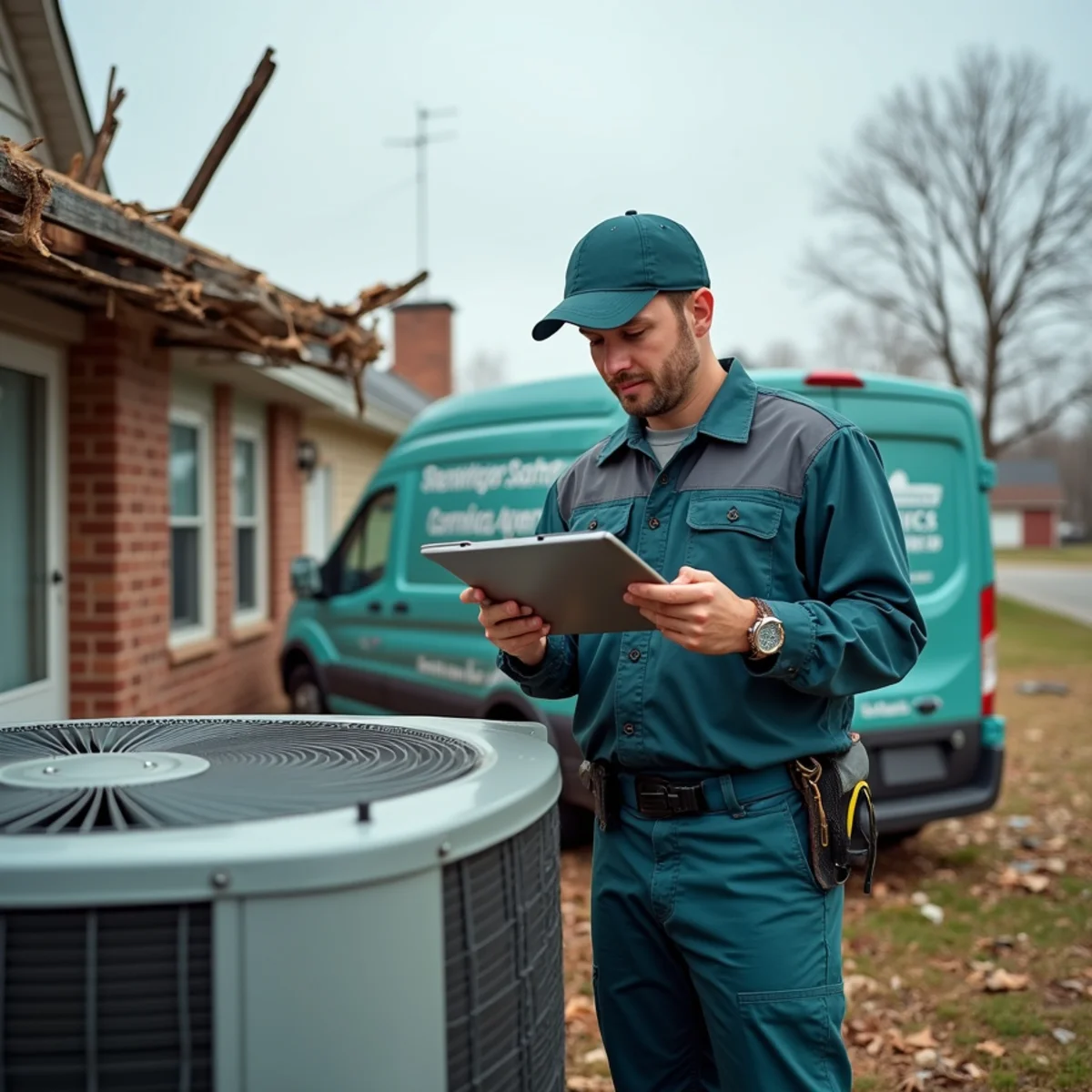 Insurance adjuster inspecting tornado damage to an HVAC unit at a Kentucky home