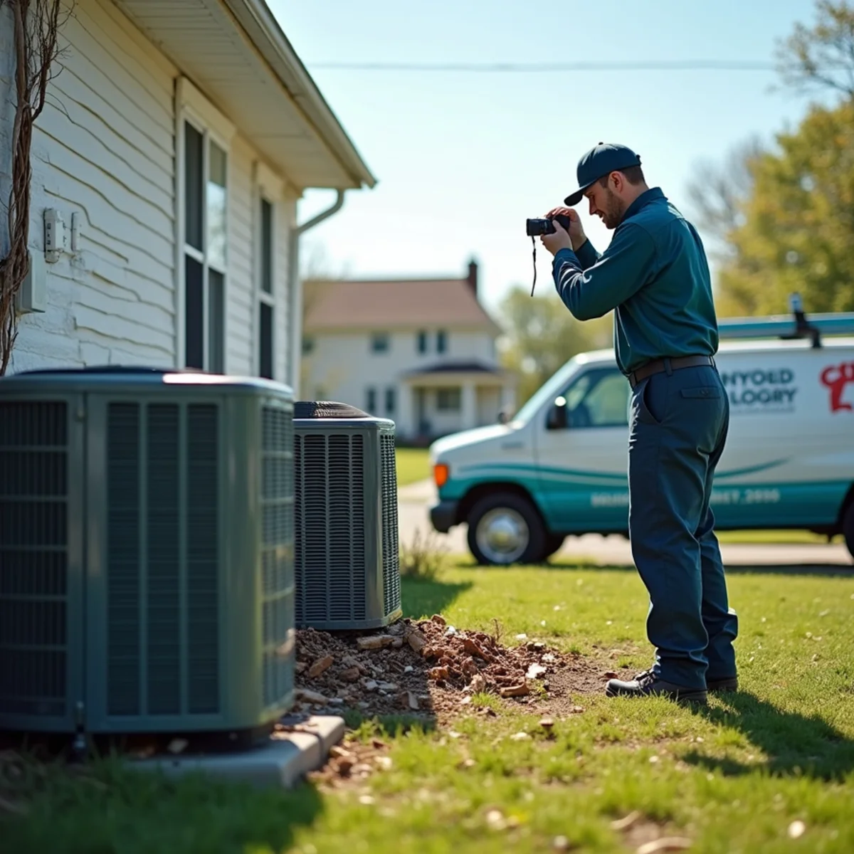 Storm-damaged outdoor HVAC condenser unit at a Somerset, Kentucky home after a tornado